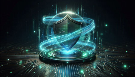 Cyber security concept with shield and circuit board background 3D rendering