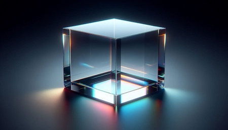 3d rendering of a crystal cube on a dark background with a glow