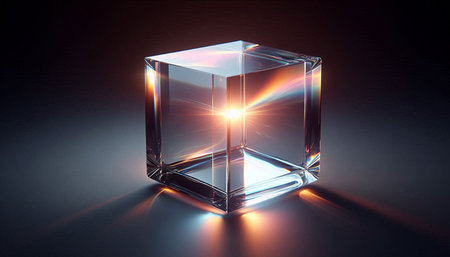 3d rendering of an empty glass cube on a dark background.
