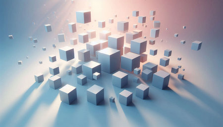 3d rendering of abstract geometric composition, cubes in empty space with light effects