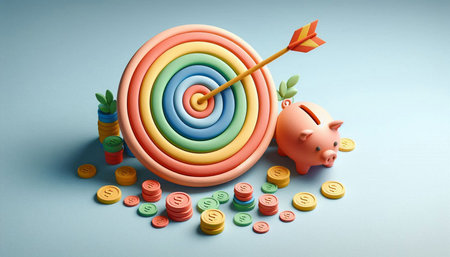 Target and piggy bank on blue background. 3d illustration.