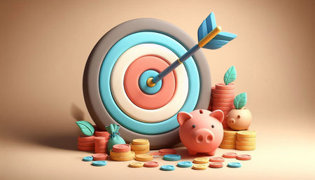 target with piggy bank and coins on color background. 3d illustration