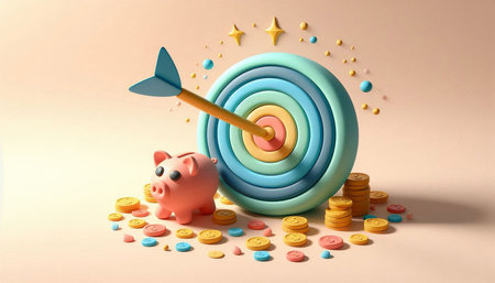 Target with piggy bank and coins on color background. 3d illustration