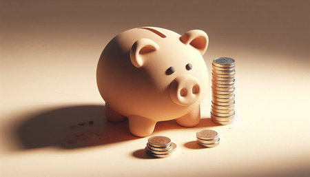 Piggy bank and coins on a light background. Saving money conceptの写真素材