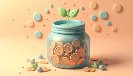 Coins in a jar with a green plant. 3D rendering