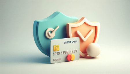 Credit card and shield on a white background. 3d illustration.