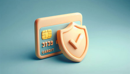 Credit card security concept. Credit card with shield. 3D rendering