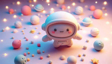 Cute little astronaut in space among the stars and planets on a pink background.