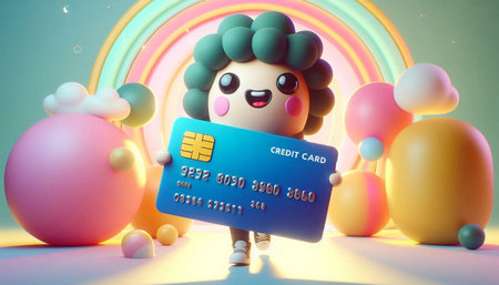 Cute funny character with credit card and rainbow. 3d rendering