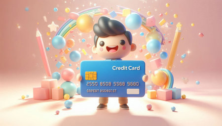 3d illustration of happy boy with credit card and rainbow in the background