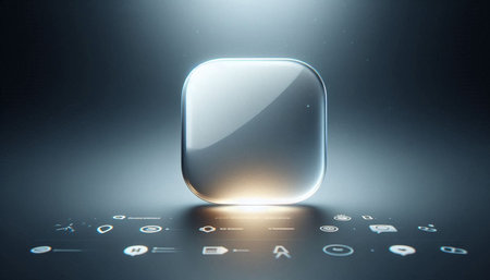 Glossy transparent square button on dark background. 3D rendering