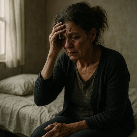 Elderly woman suffering from headache sitting on sofa at home.