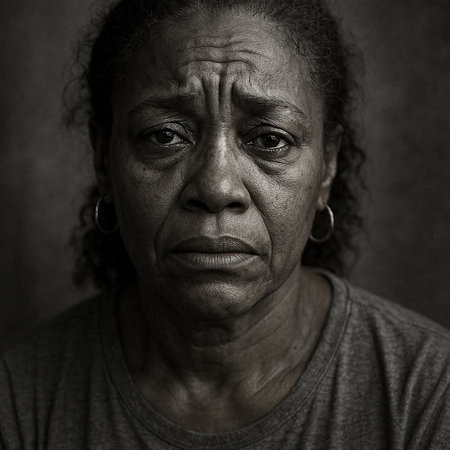 Portrait of an elderly African woman looking sad and depressed. In black and white.