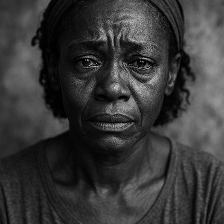 Portrait of a sad senior black african woman in depression looking at camera.の写真素材