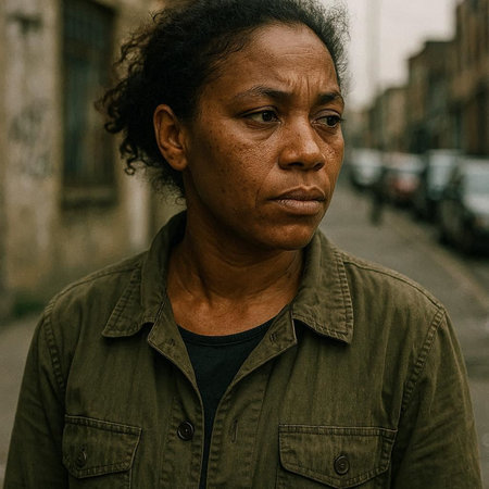 Portrait of a senior man in a green jacket on a city streetの写真素材