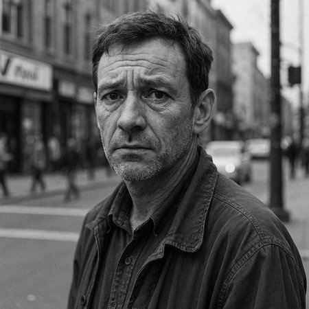 Portrait of a middle-aged man in the city. Black and white.