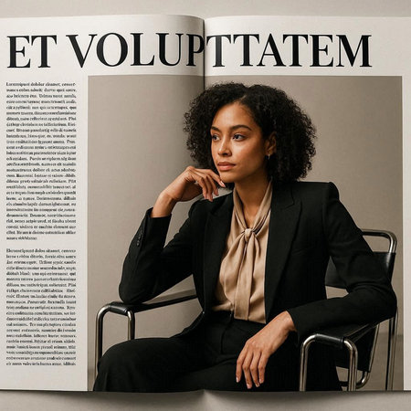 Beautiful african american businesswoman in suit reading newspaper and smilingの写真素材