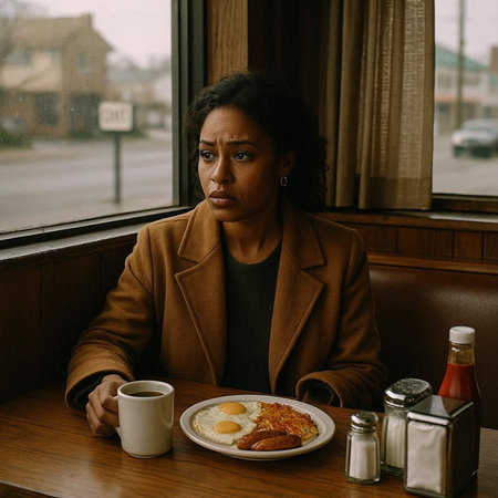 Young sad african american woman in brown coat sitting in cafe and having breakfast.の写真素材