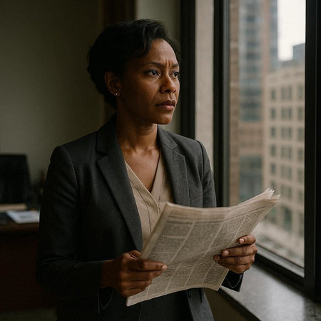 Portrait of an African American businesswoman reading a newspaper in the office
