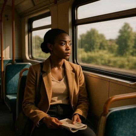Young african american woman sitting in train and reading book.