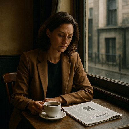 Woman in a cafe with a cup of coffee and a newspaper.の写真素材