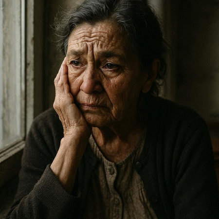 Portrait of an elderly woman sitting by the window at home.の写真素材
