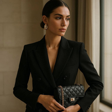 fashion interior photo of beautiful sexy woman with dark hair in elegant clothes and accessories...