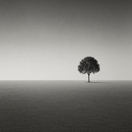 A single tree on a grassy field in black and white.