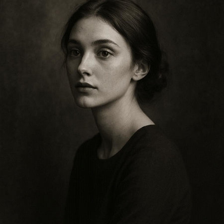 Black and white portrait of a beautiful young woman on a dark background
