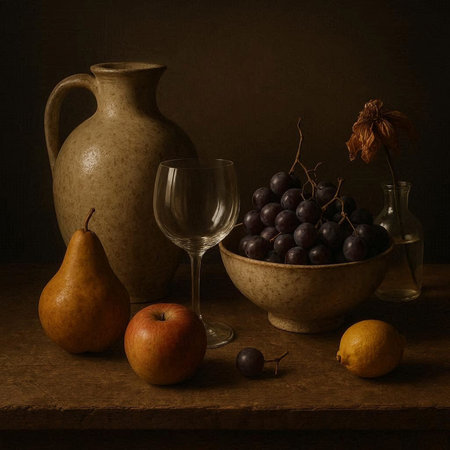 Still life with grapes, pear, jug and glass on wooden tableの写真素材