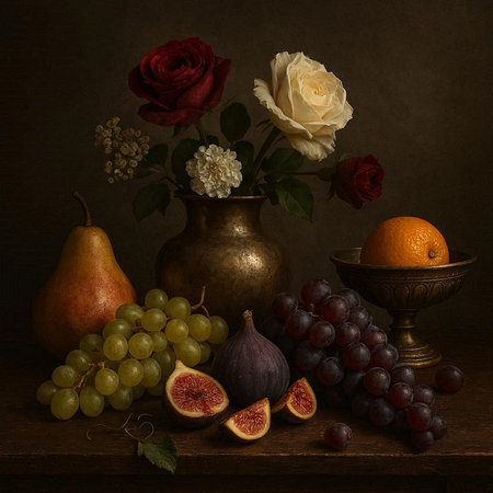 Still life with fruits and flowers on a dark background, still life