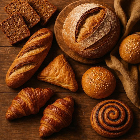Freshly baked croissants and rolls on wooden background, top viewの写真素材