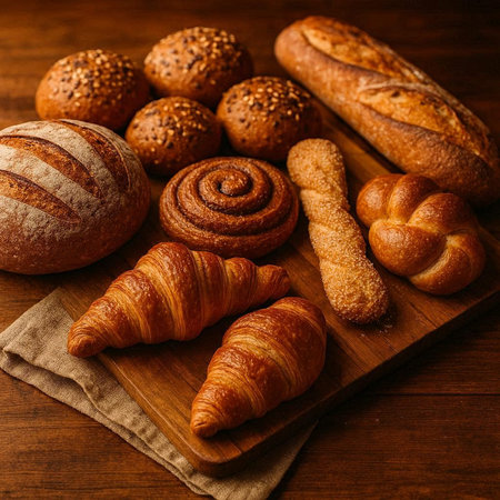 assortment of baked bread on wooden background, top view, copy space