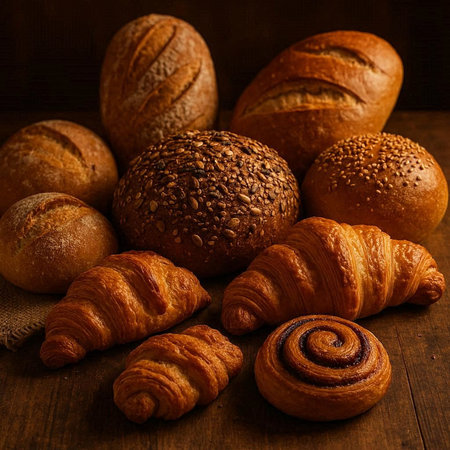 assortment of baked bread and buns on wooden table, food background