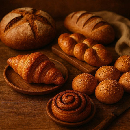 Freshly baked croissants and rolls on a wooden table.の写真素材