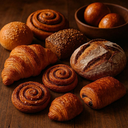 freshly baked buns and croissants on a wooden table