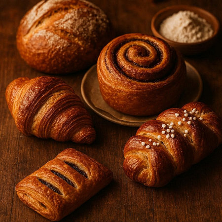 Freshly baked buns with poppy seeds on a wooden background.