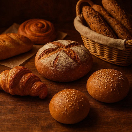 Variety of fresh bread on wooden table. Bakery products.