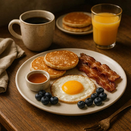 Breakfast with pancakes, bacon, blueberries and coffee on wooden tableの写真素材