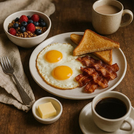 Breakfast with fried eggs, bacon, berries and coffee on wooden background