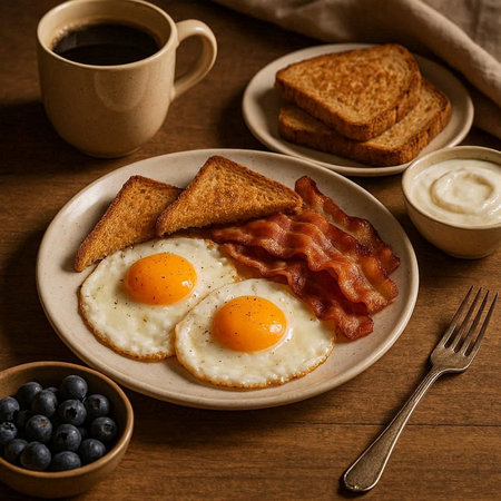 Breakfast with fried eggs, bacon, blueberries and coffee.の写真素材