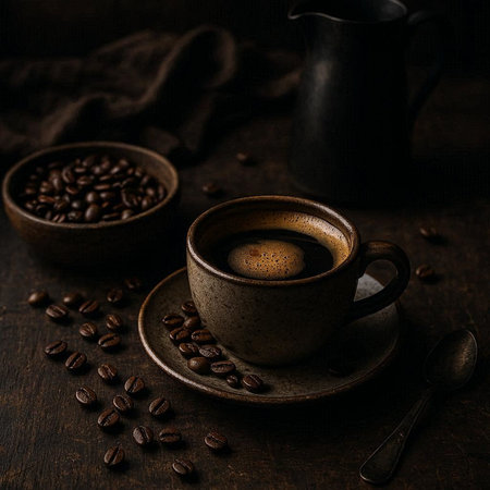 Coffee cup and coffee beans on dark rustic background.