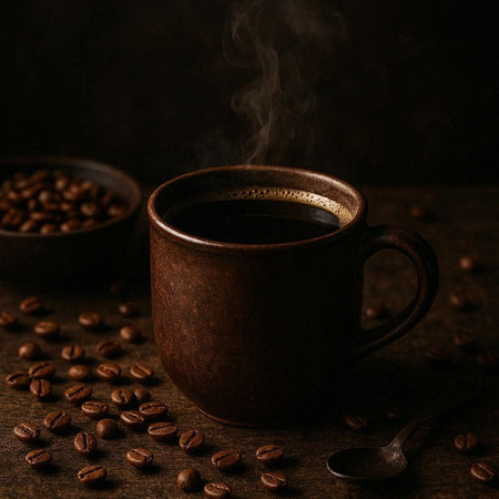 Coffee cup and coffee beans on dark background. Vintage style.