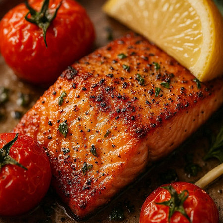 Grilled salmon steak with cherry tomatoes and lemon. Shallow dof.