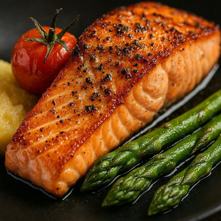 Grilled salmon fillet with asparagus and tomatoes on a black plate