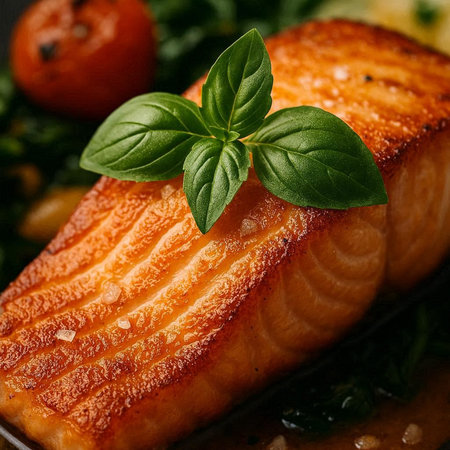 Salmon fillet with pesto sauce and vegetables, closeup