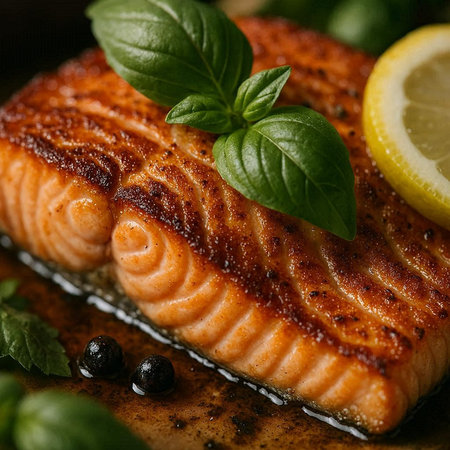 Grilled salmon fillet with lemon and basil on a black background