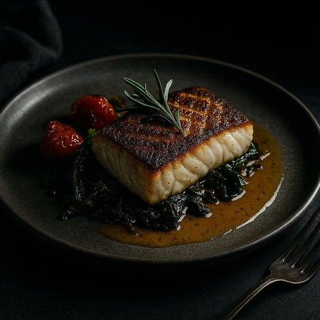 Grilled halibut with spinach and cherry tomatoes on a black plate.