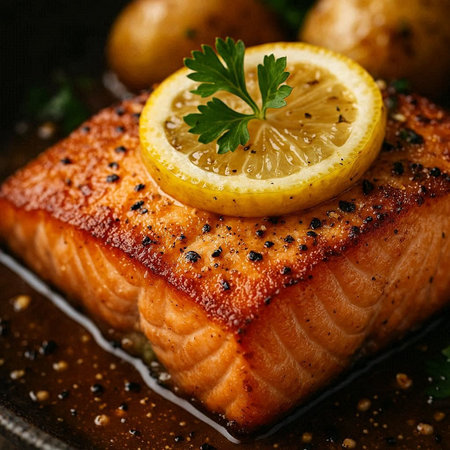 Grilled salmon with lemon and parsley on a black plate.