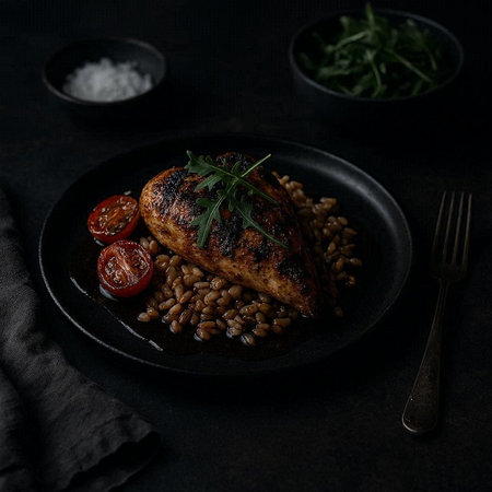 Grilled chicken breast with baked beans, tomatoes and arugula on a black plate. Dark background.の写真素材